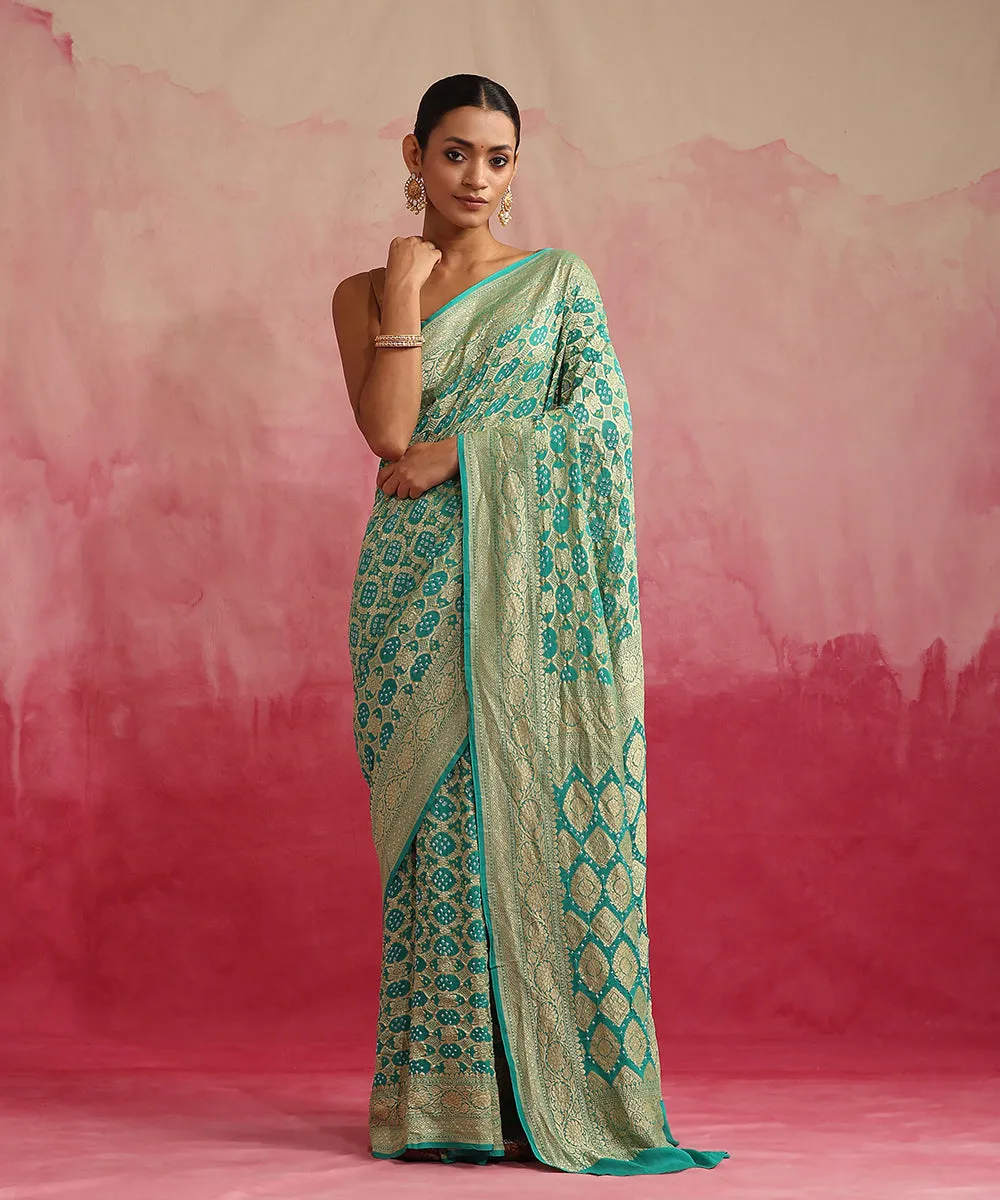 Aqua Handloom Pure Georgette Banarasi Bandhej Saree With Cutwork Weave