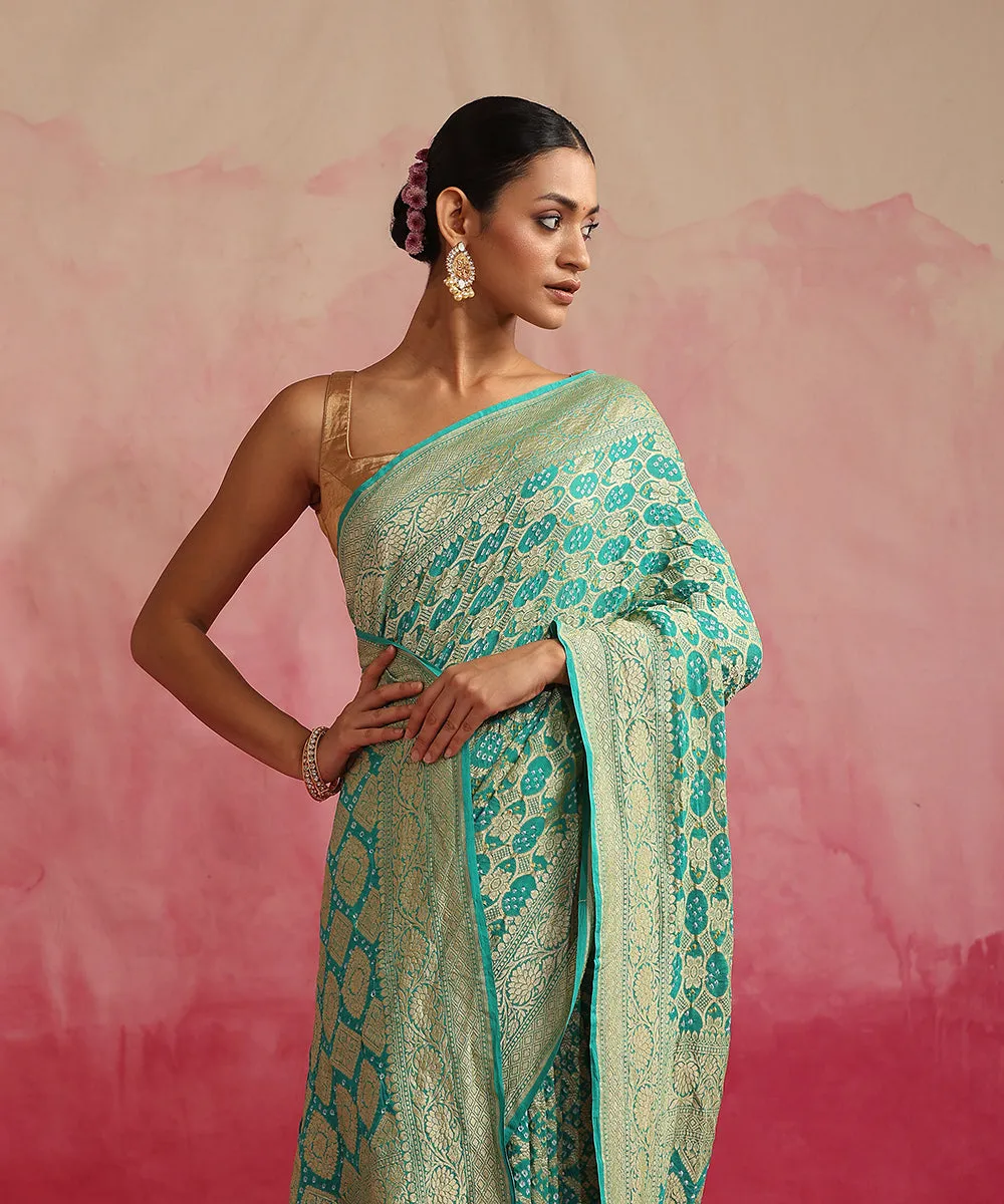 Aqua Handloom Pure Georgette Banarasi Bandhej Saree With Cutwork Weave