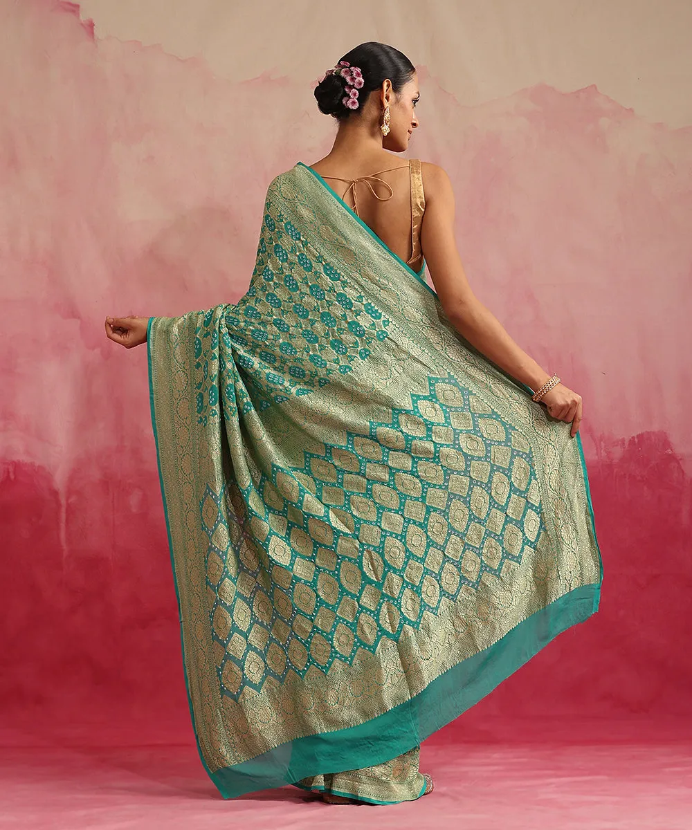 Aqua Handloom Pure Georgette Banarasi Bandhej Saree With Cutwork Weave