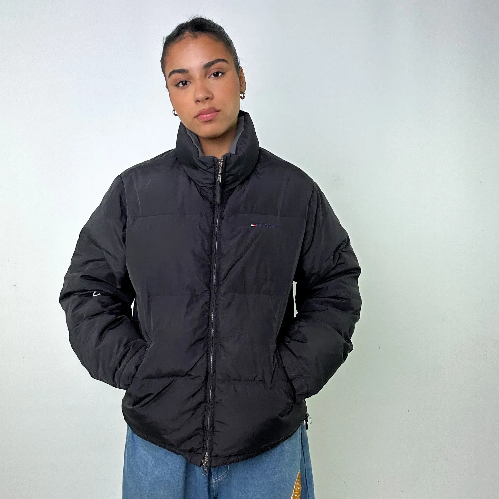 Black 90s Tommy Hilfiger Puffer Jacket Coat (M)