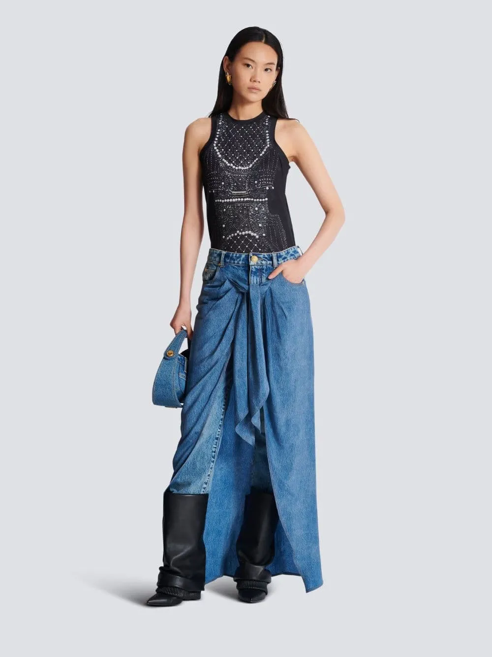 Blue Denim Jeans with Draped Skirt