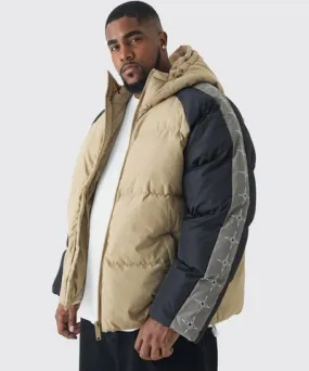 boohooMAN Mens Plus Worldwide Hooded Colour Block Puffer Jacket In Stone