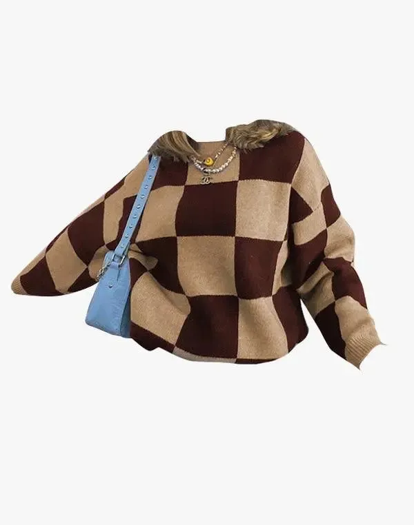 Checkerboard Sweater Y2K - Brown