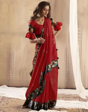 Cherry Red Silk Printed Sarees