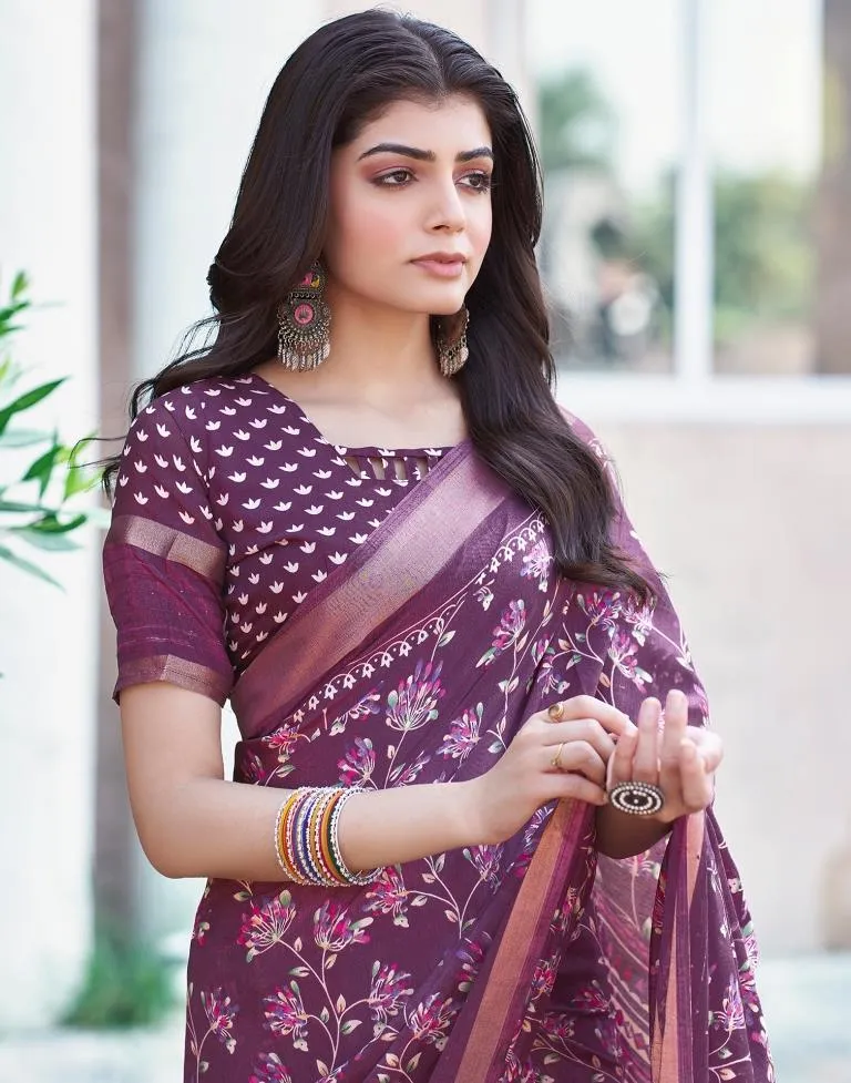 Dark Purple Silk Printed Sarees