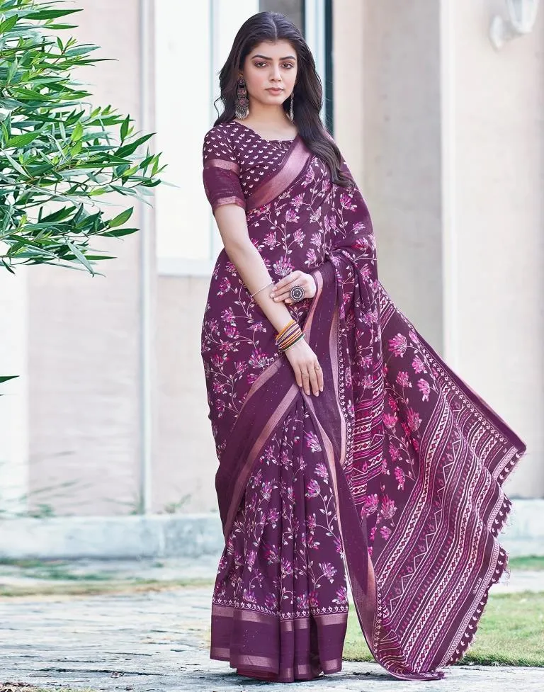 Dark Purple Silk Printed Sarees