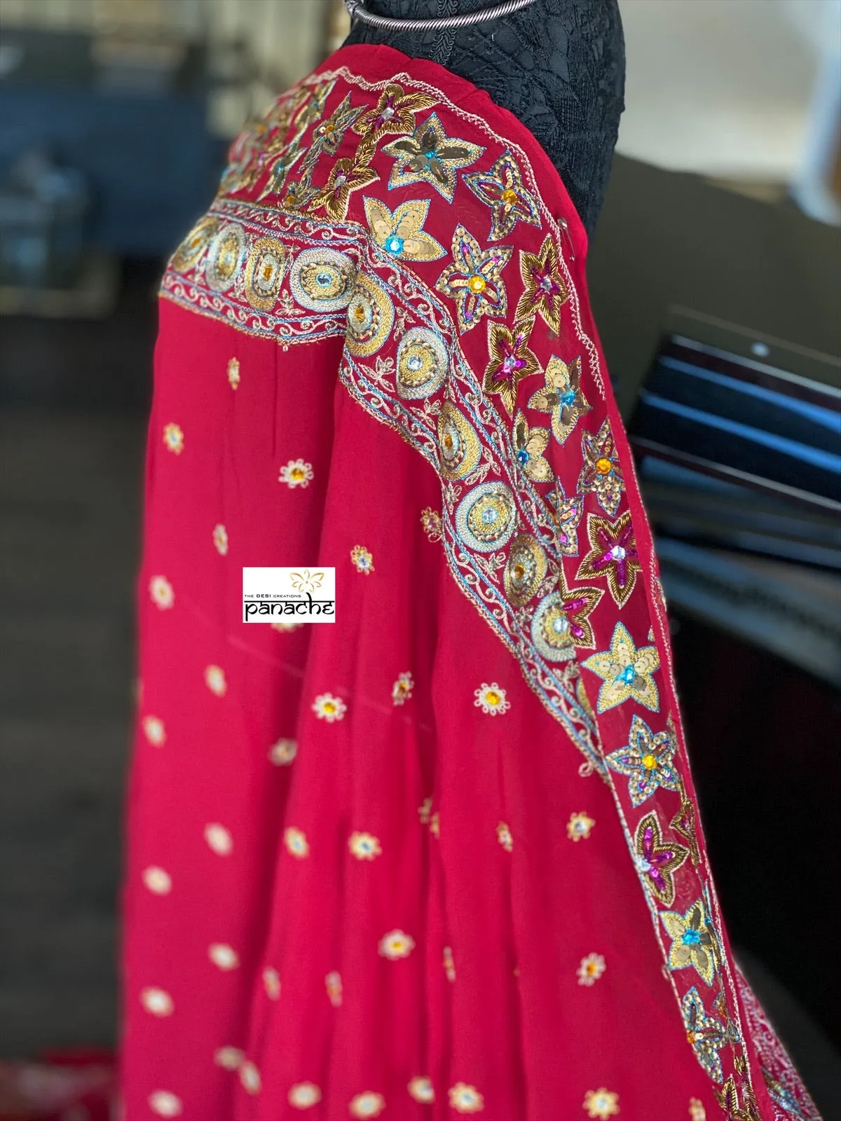 Designer Saree - Cherry Red Hand Embroidered