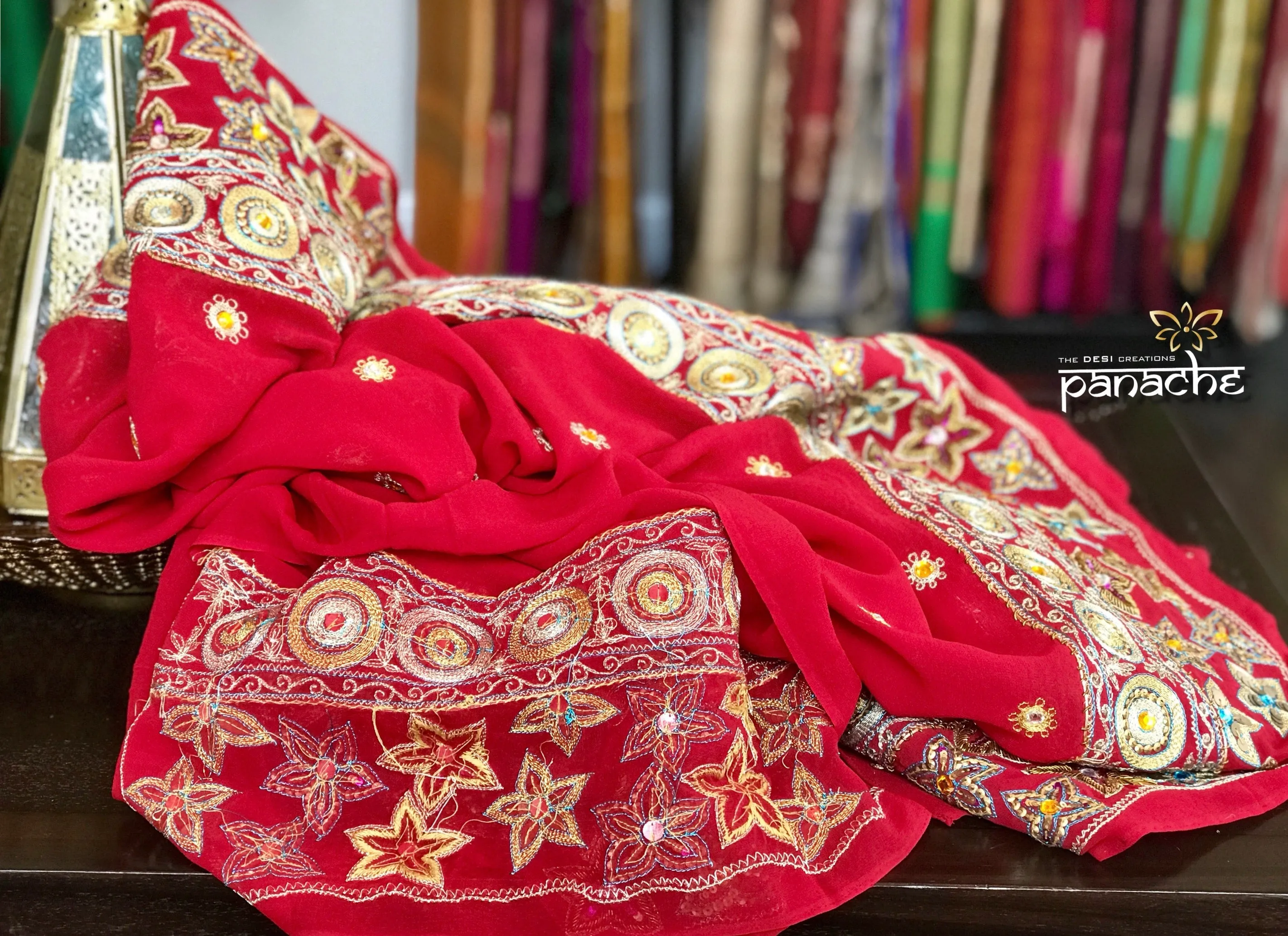 Designer Saree - Cherry Red Hand Embroidered