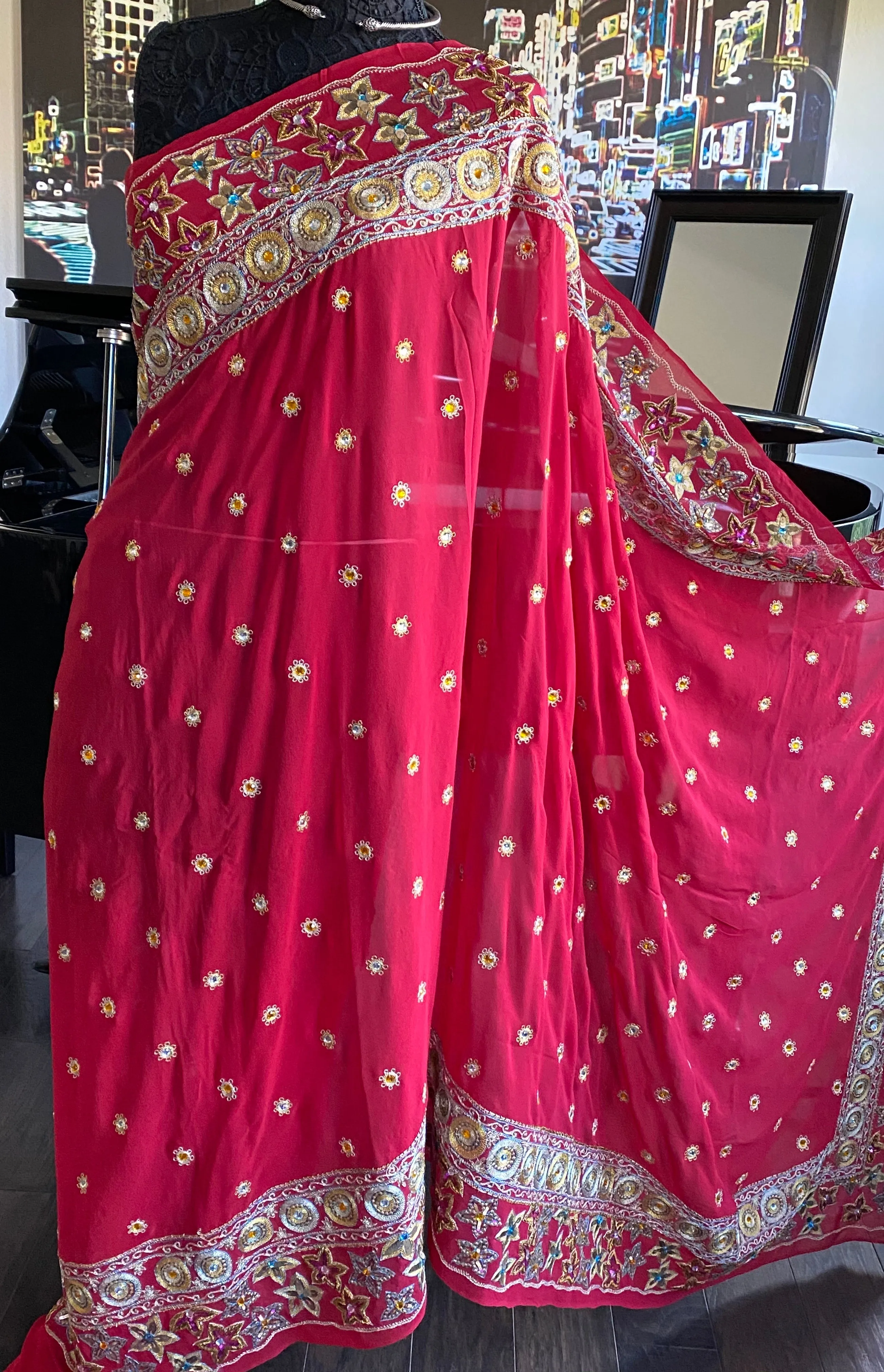 Designer Saree - Cherry Red Hand Embroidered