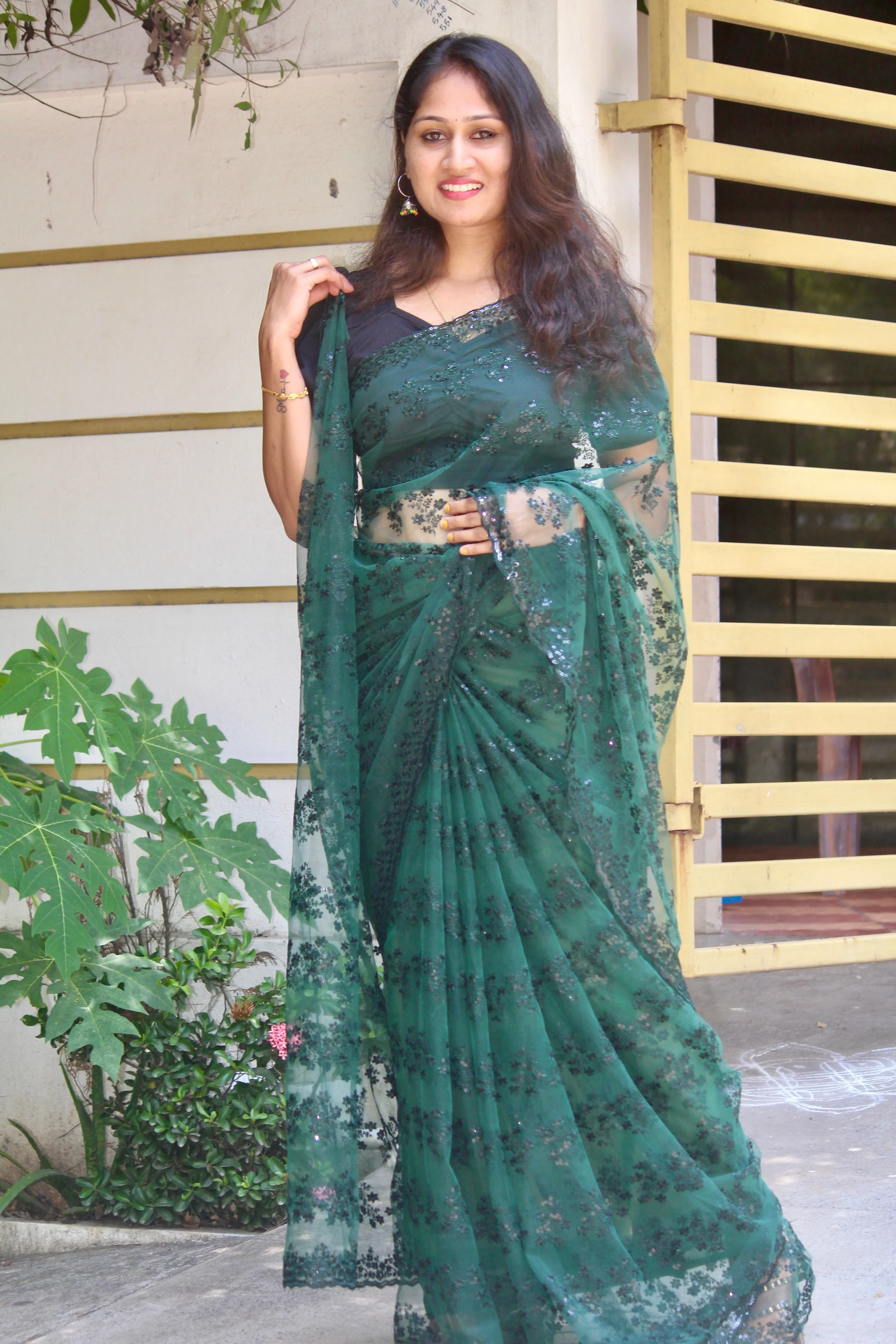 Embroidered net saree