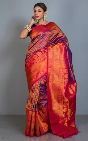 Exclusive Mahapar Tanchui Brocade Gadwal Silk Saree in Purple, Darl Red and Golden Zari Work