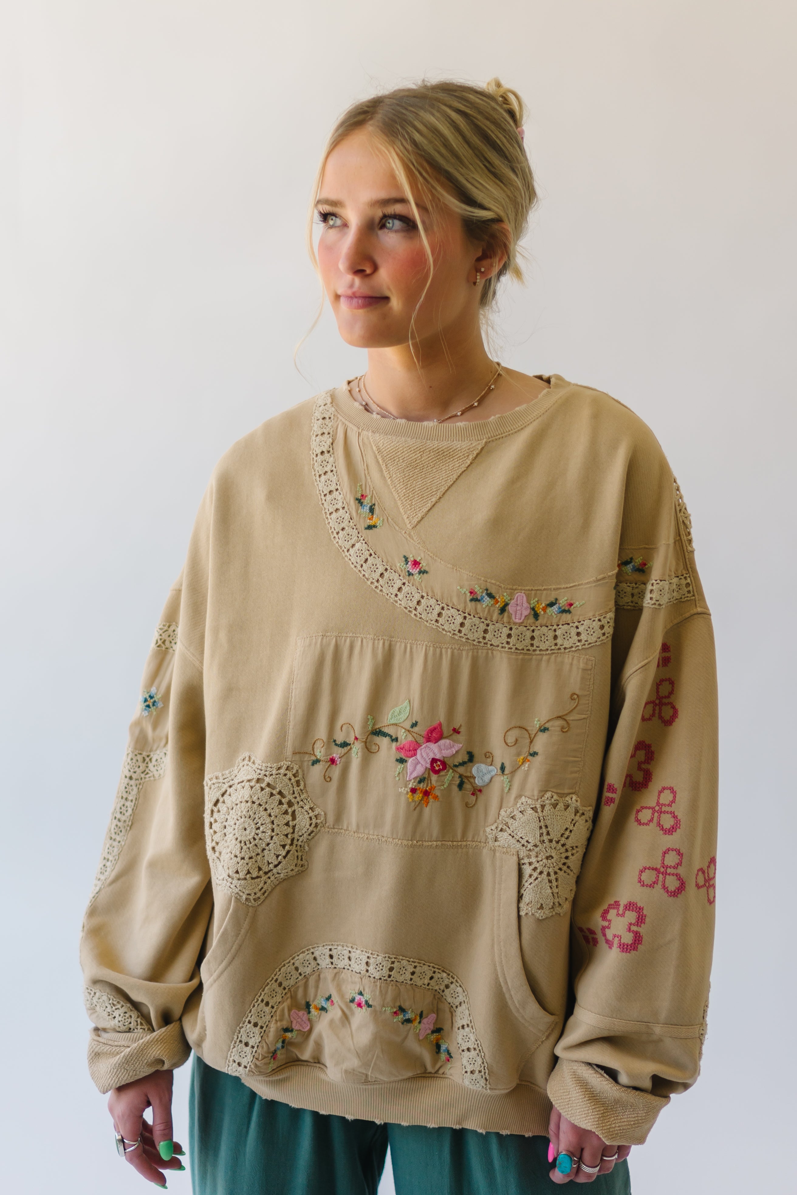 Free People: Grams Attic Sweatshirt in Mushroom Combo