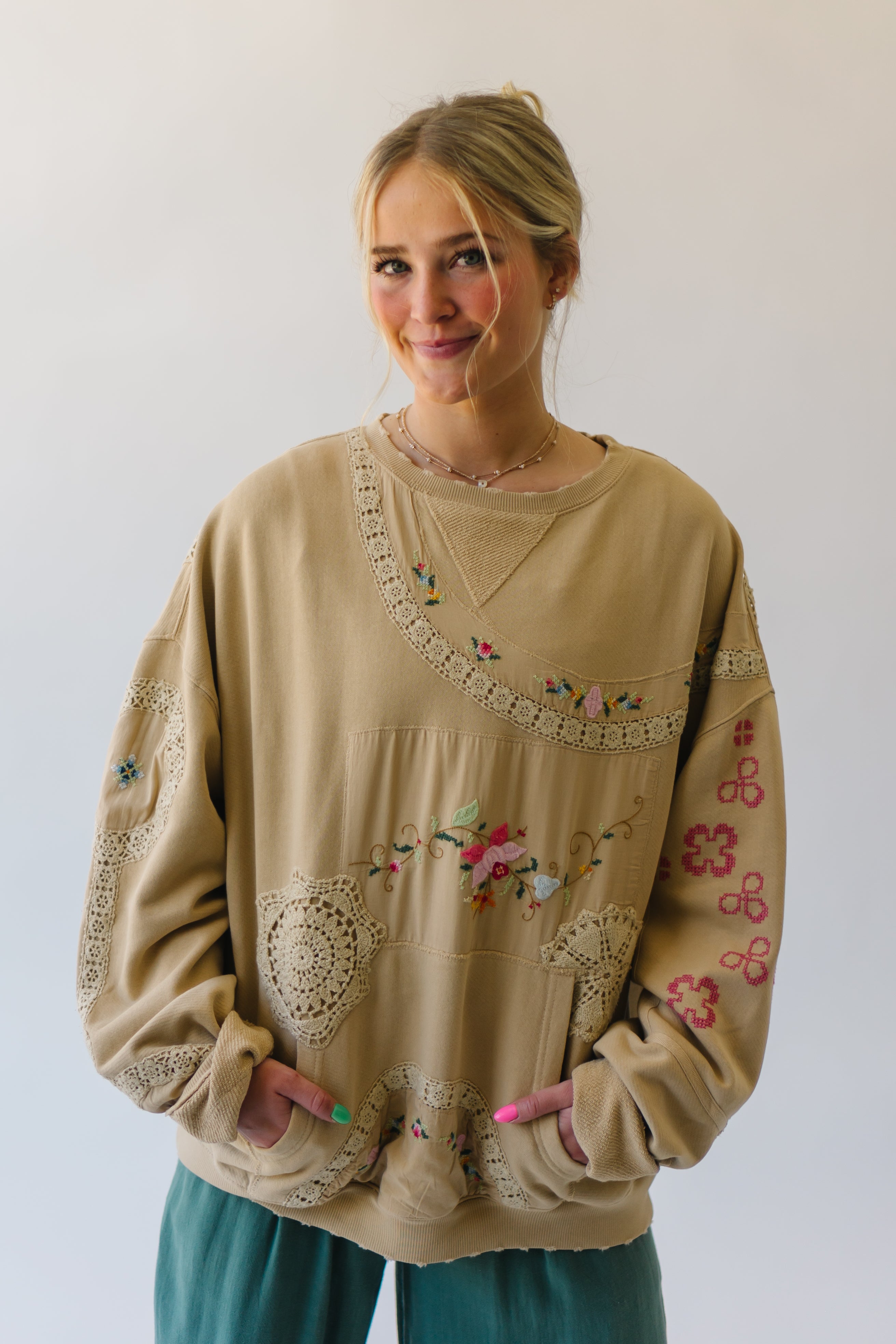 Free People: Grams Attic Sweatshirt in Mushroom Combo