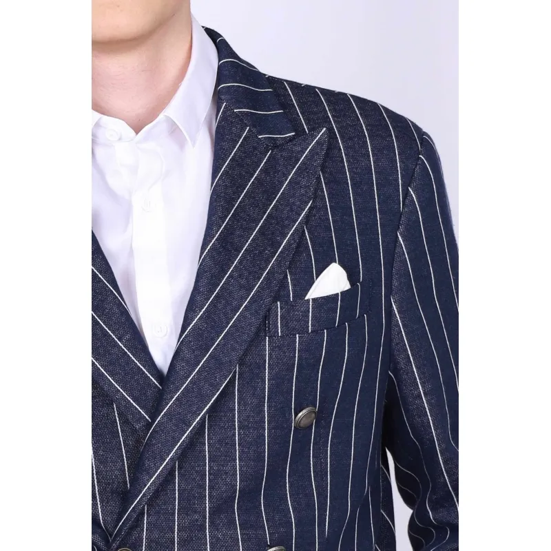 GIACCA BLAZER DOPPIOPETTO GESSATA, BLU