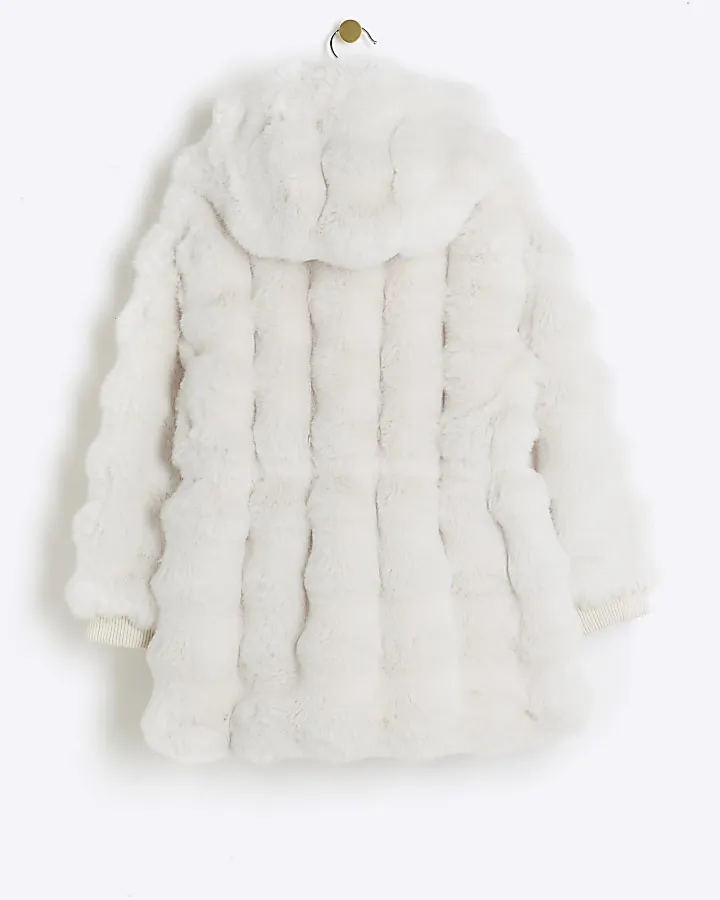 Girls cream faux fur hooded coat