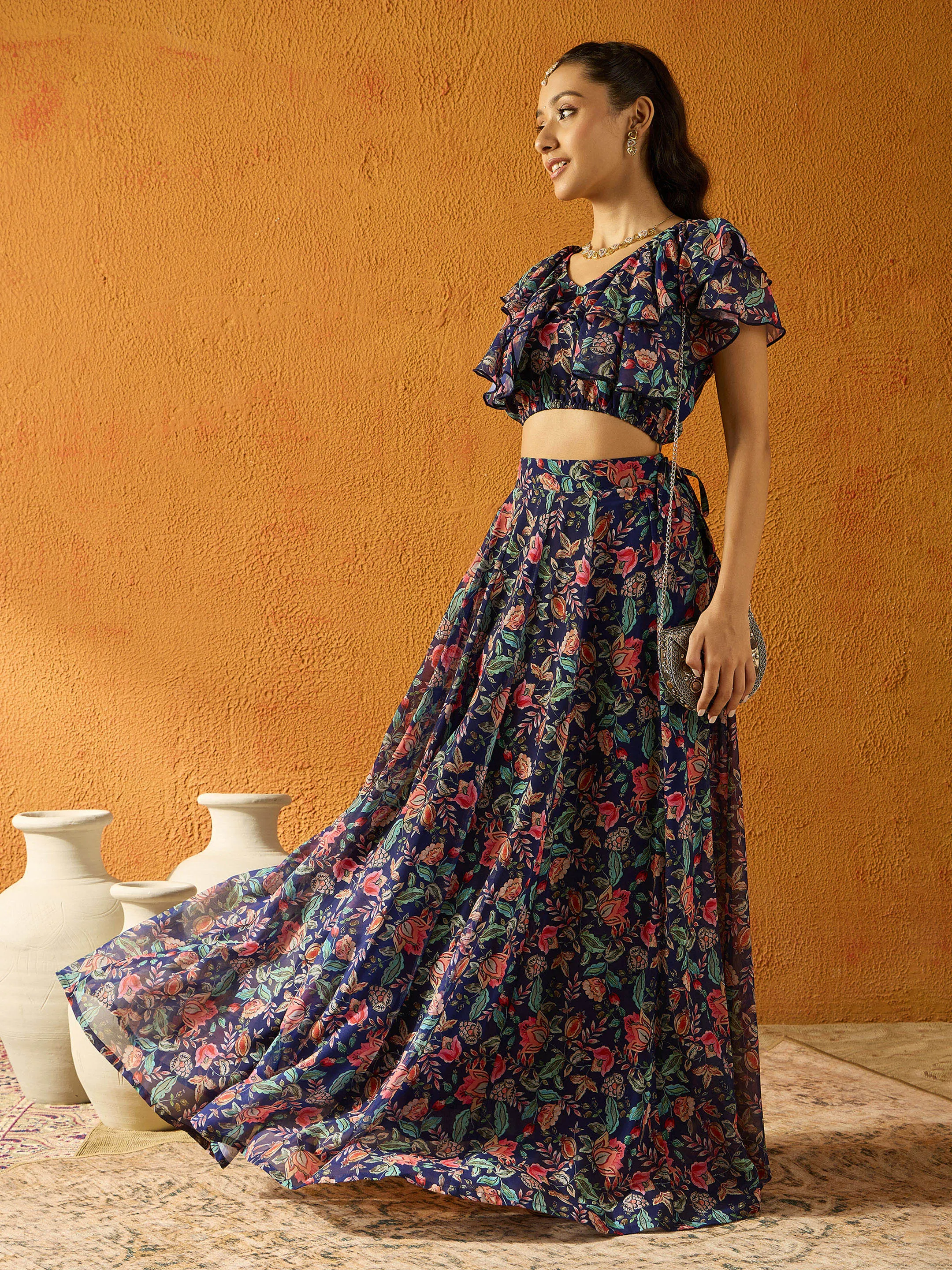 Girls Navy Blue Floral Skirt With Crop Top