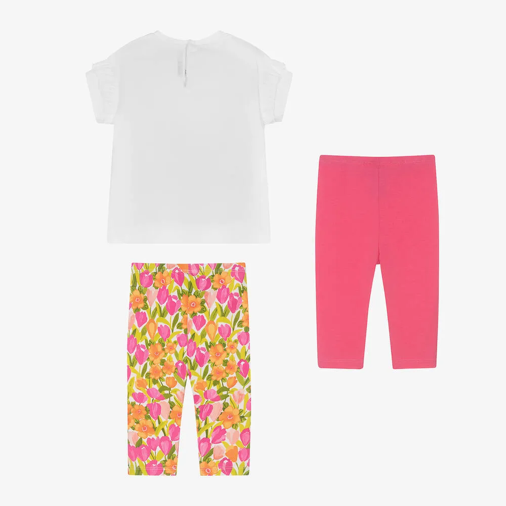 Girls Pink Floral Cotton Leggings Set