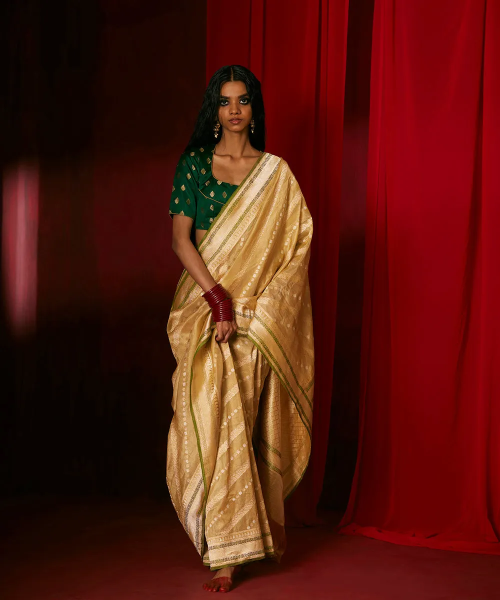 Gold Handloom Tissue Silk Banarasi Saree With Green Meenakari And Pure Zari