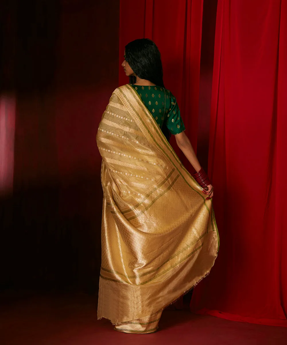 Gold Handloom Tissue Silk Banarasi Saree With Green Meenakari And Pure Zari