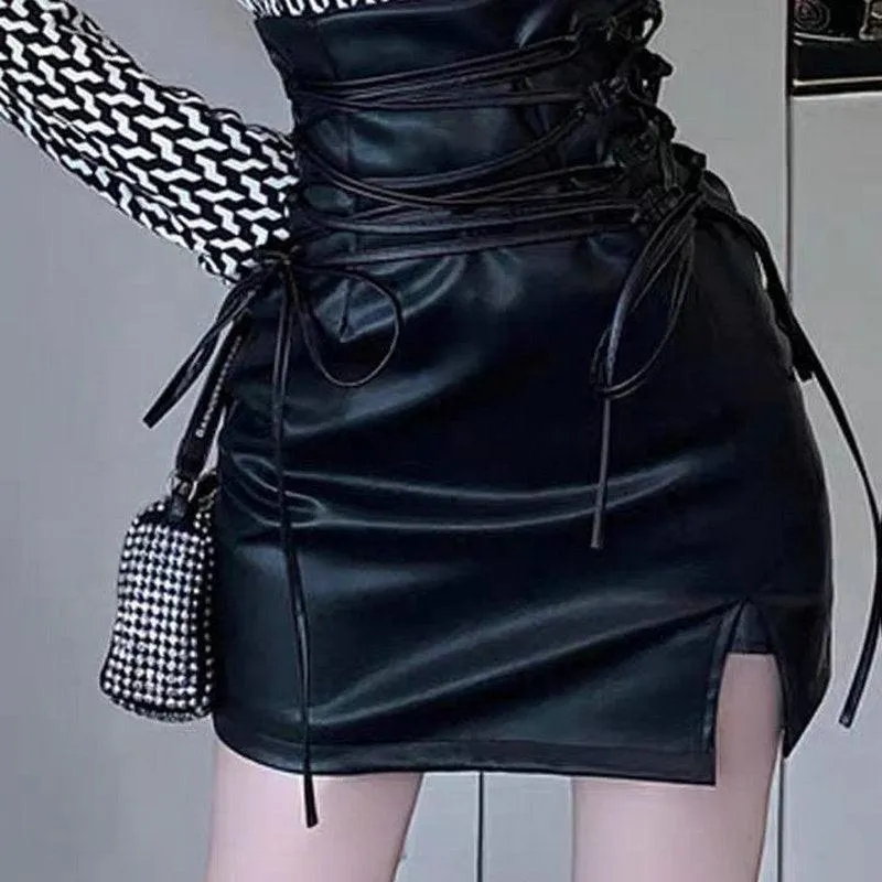 Gothic Pencil Skirt Pu Mini Leather Punk Lace Up skirt