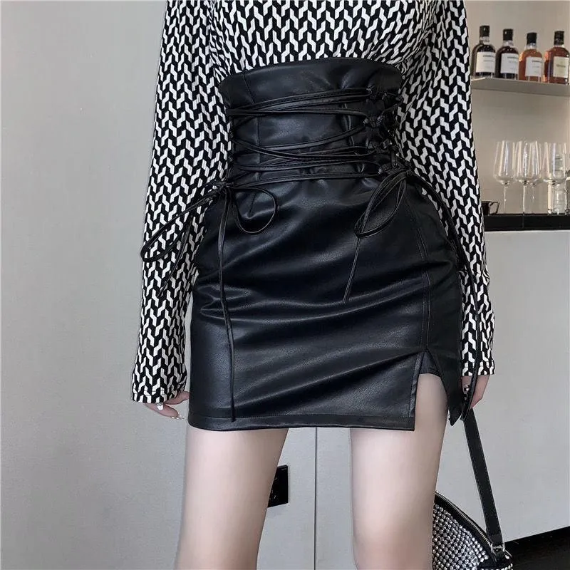 Gothic Pencil Skirt Pu Mini Leather Punk Lace Up skirt