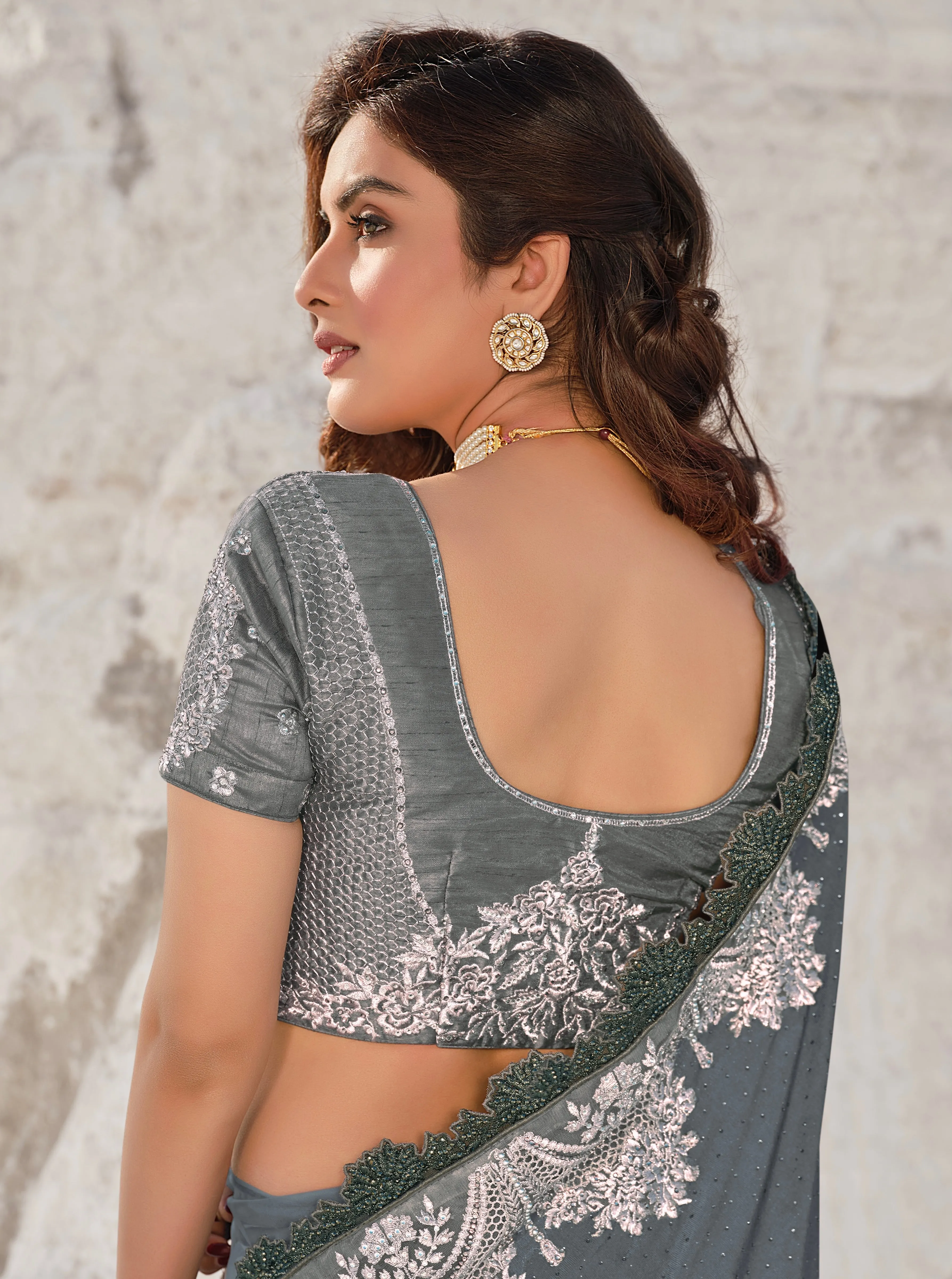 Grey Colour Ravishing Designer Pure Net Saree