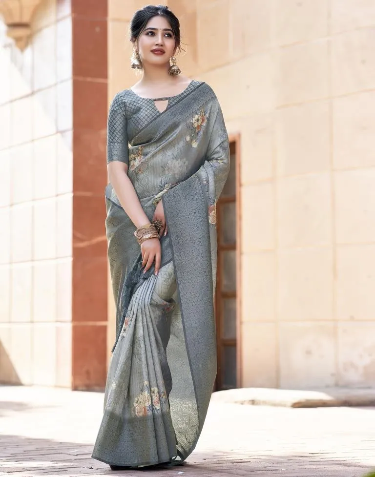 Grey Silk Printed Sarees