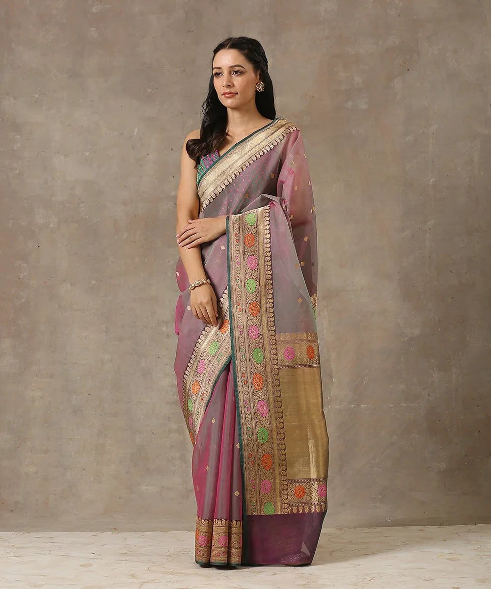 Handloom Grey And Mauve Organza Banarasi Saree with Meenakari Border