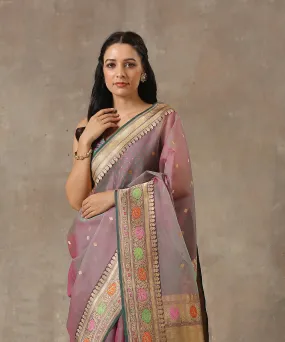 Handloom Grey And Mauve Organza Banarasi Saree with Meenakari Border