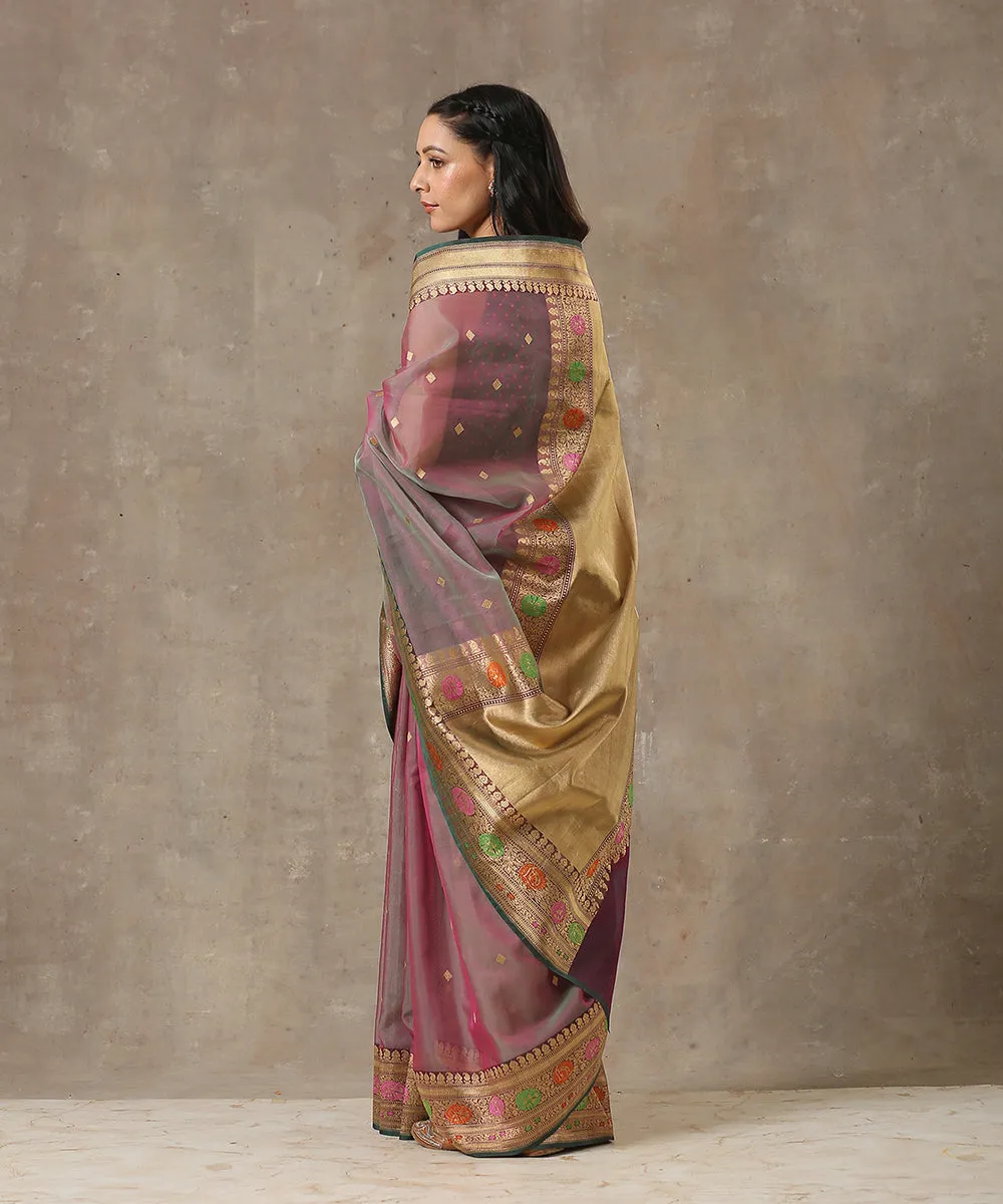 Handloom Grey And Mauve Organza Banarasi Saree with Meenakari Border