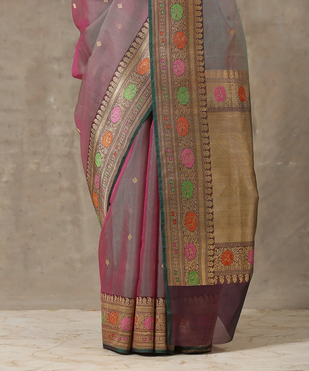 Handloom Grey And Mauve Organza Banarasi Saree with Meenakari Border