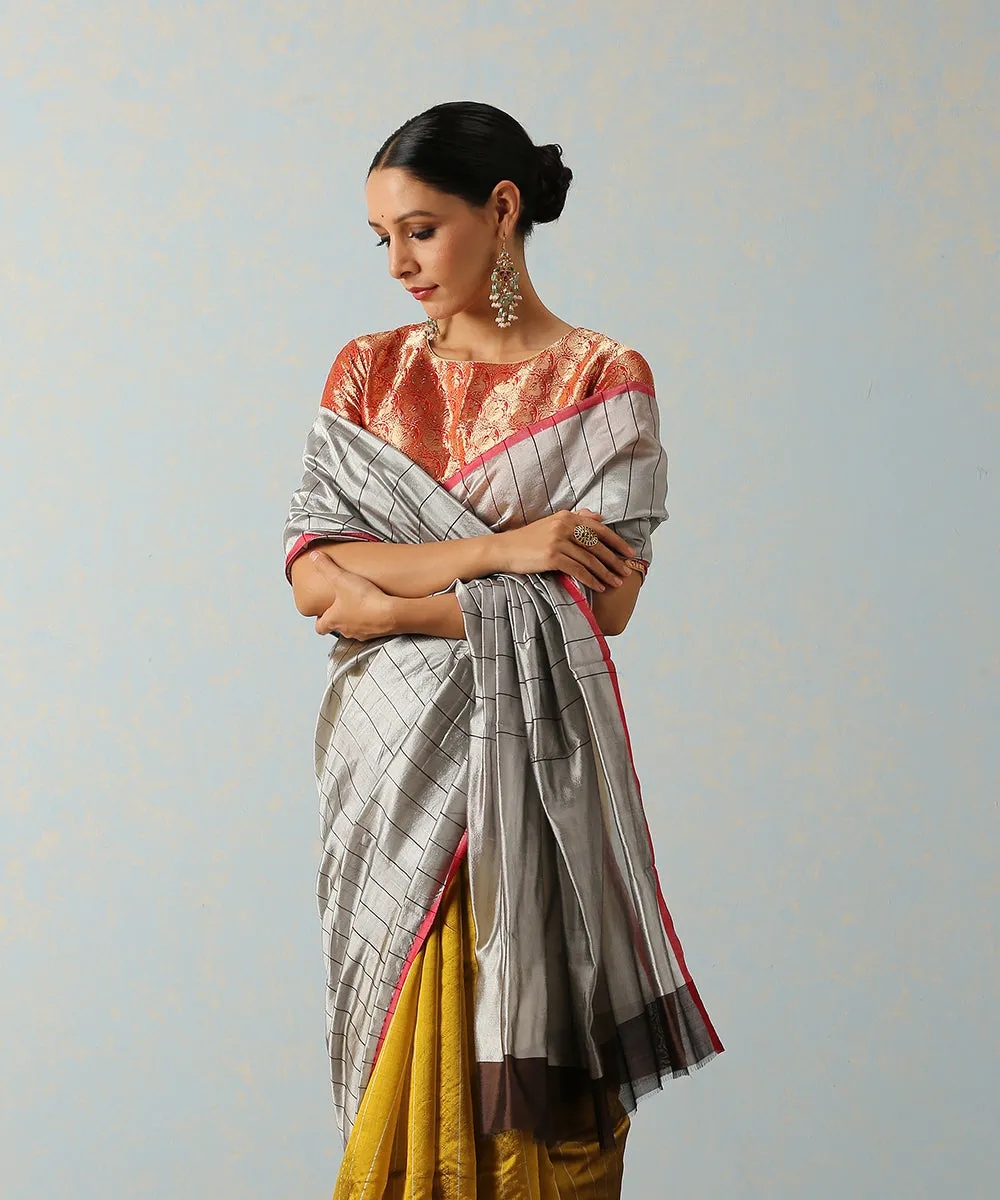 Handloom Grey Chanderi Silk Saree With Black Stripes