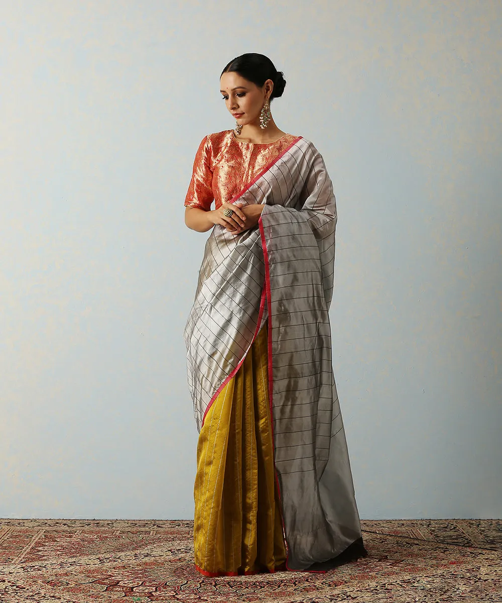 Handloom Grey Chanderi Silk Saree With Black Stripes