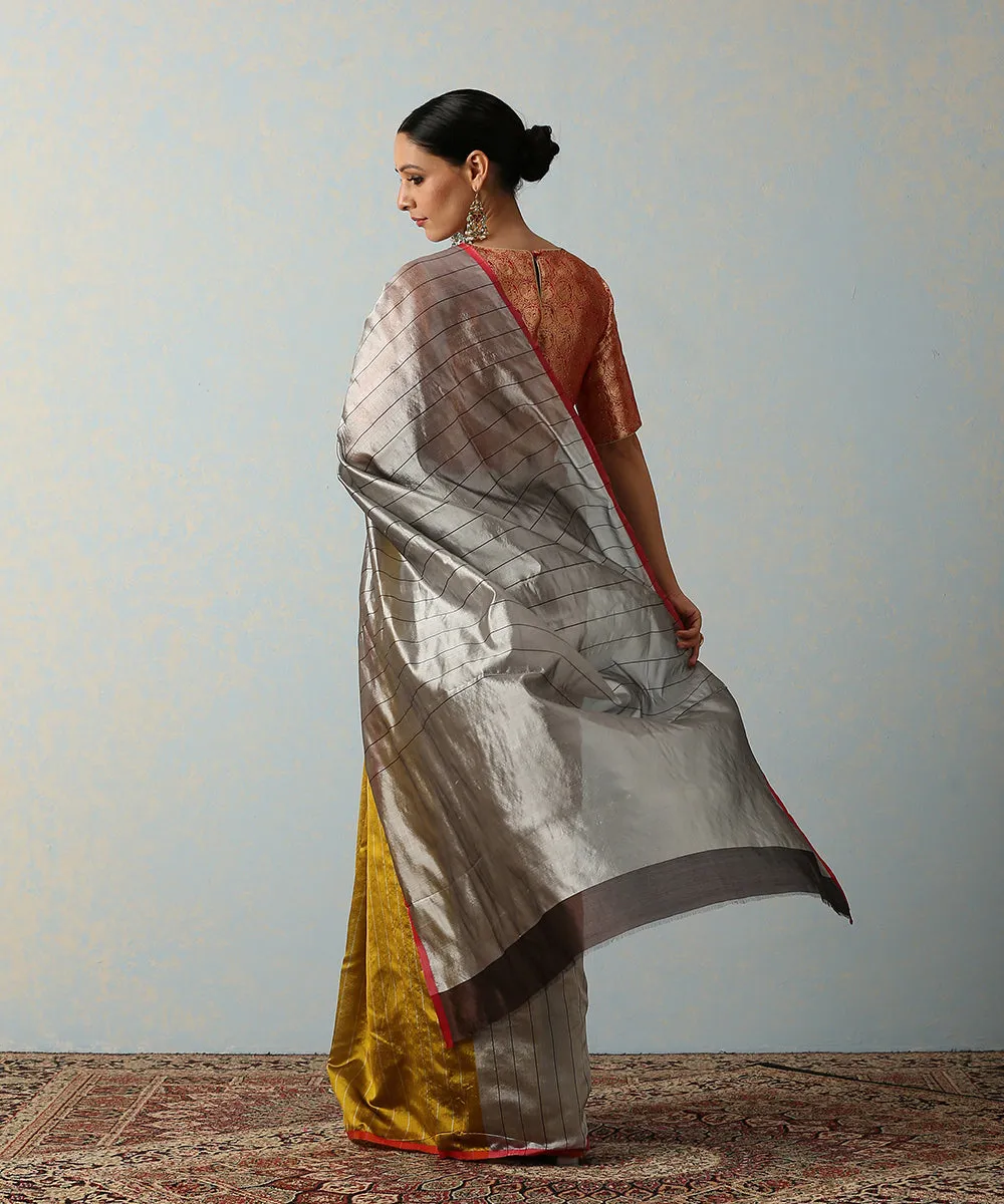 Handloom Grey Chanderi Silk Saree With Black Stripes