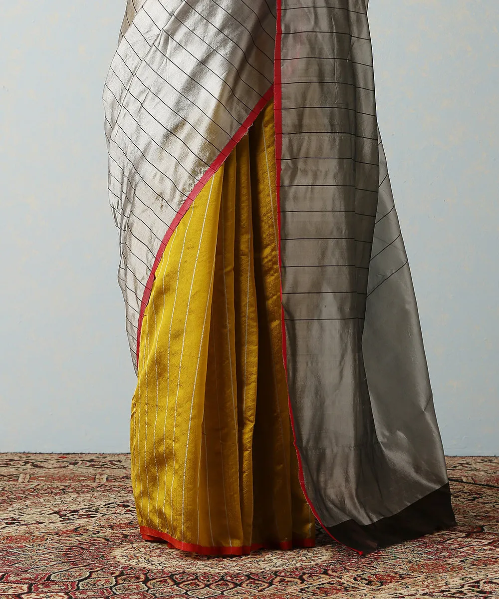 Handloom Grey Chanderi Silk Saree With Black Stripes