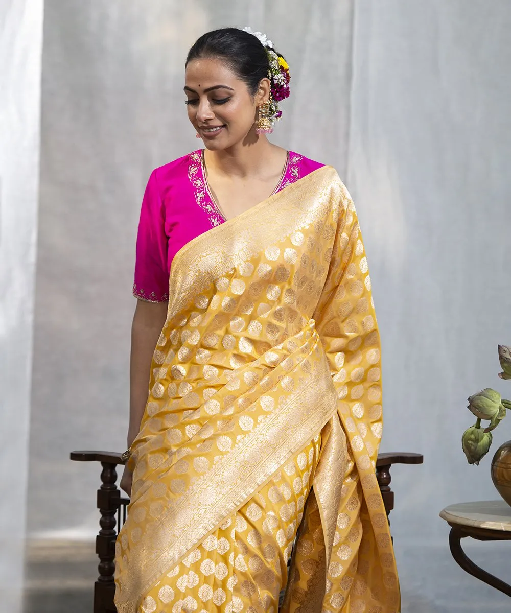 Handloom Mango Yellow Pure Katan Silk Banarasi Saree with Cutwork Booti