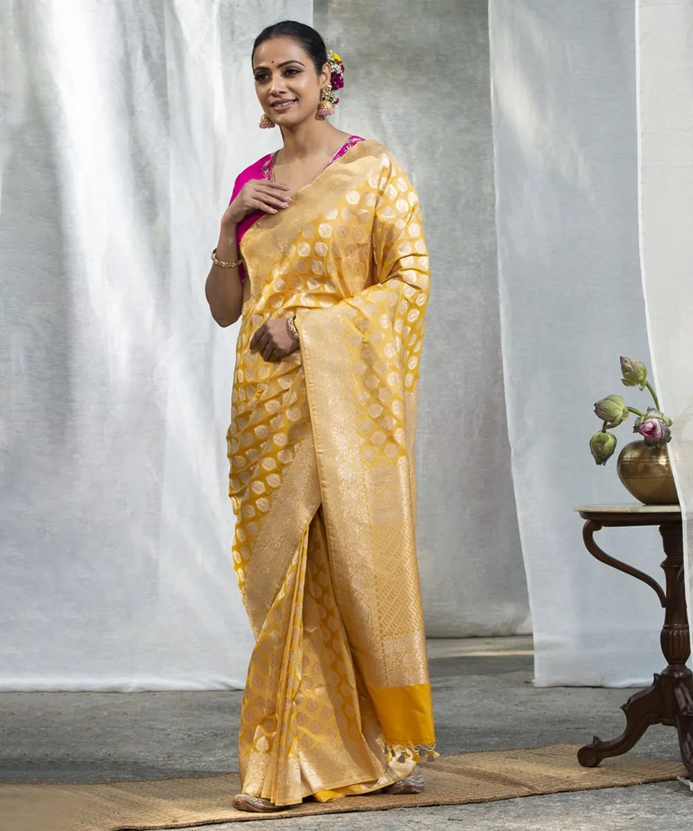 Handloom Mango Yellow Pure Katan Silk Banarasi Saree with Cutwork Booti