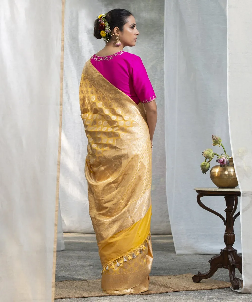 Handloom Mango Yellow Pure Katan Silk Banarasi Saree with Cutwork Booti