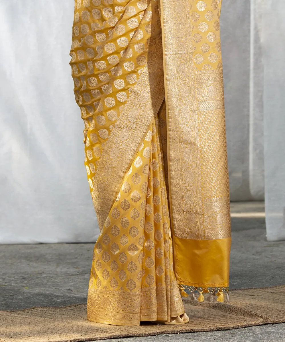 Handloom Mango Yellow Pure Katan Silk Banarasi Saree with Cutwork Booti