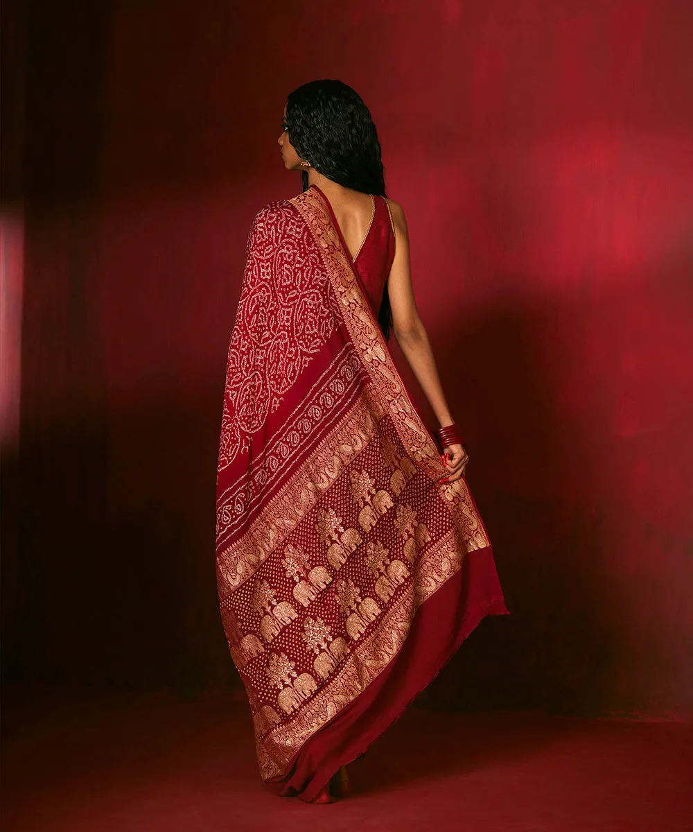 Handloom Maroon Pure Georgette Banarasi Bandhej Saree With Zari Border