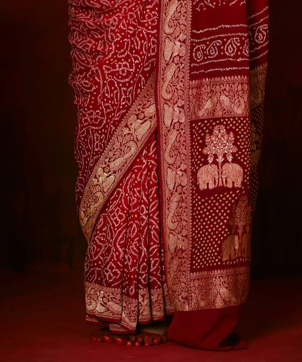 Handloom Maroon Pure Georgette Banarasi Bandhej Saree With Zari Border