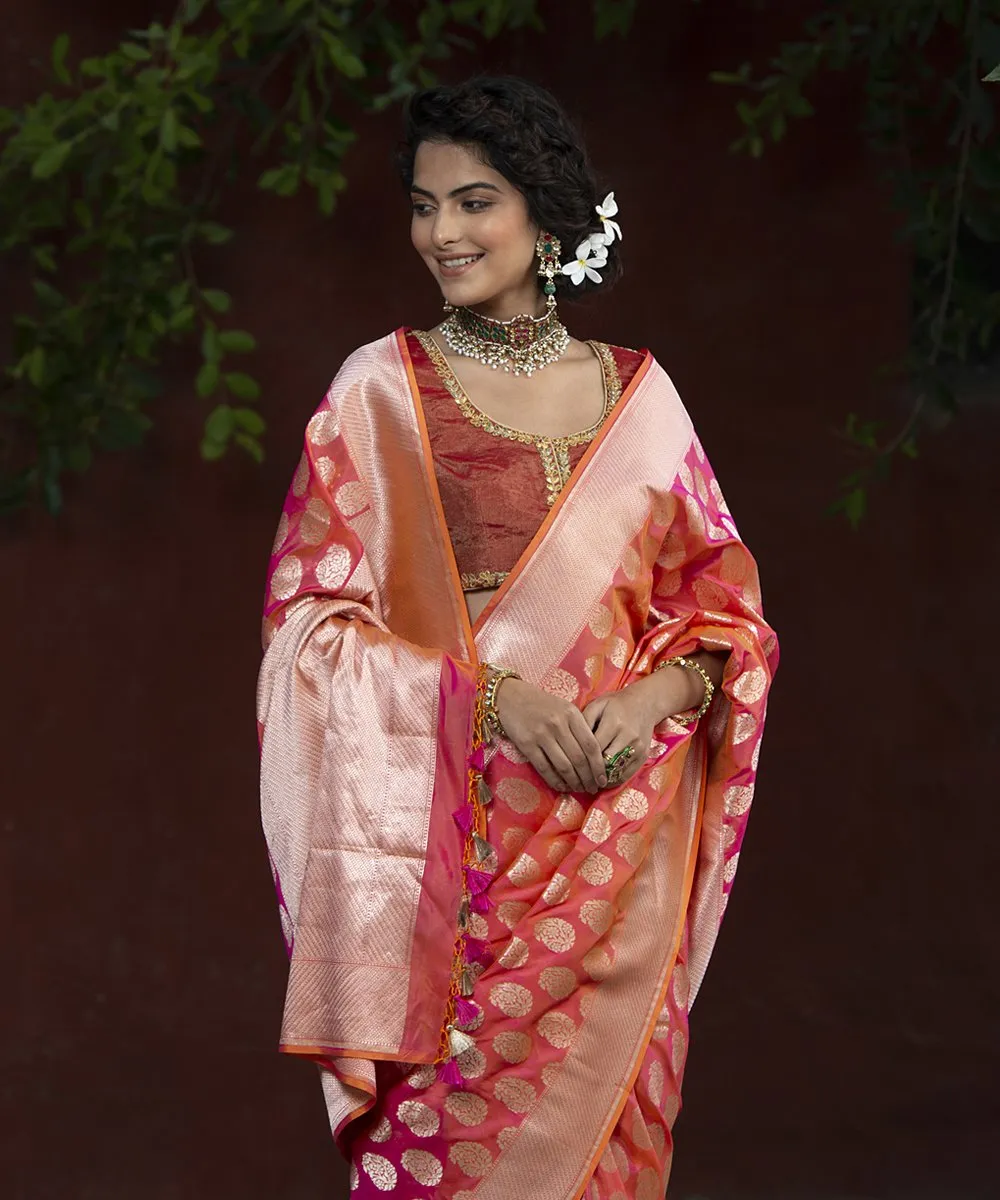 Handloom Peach and Orange Cutwork Katan Silk Banarasi Saree with Booti Design