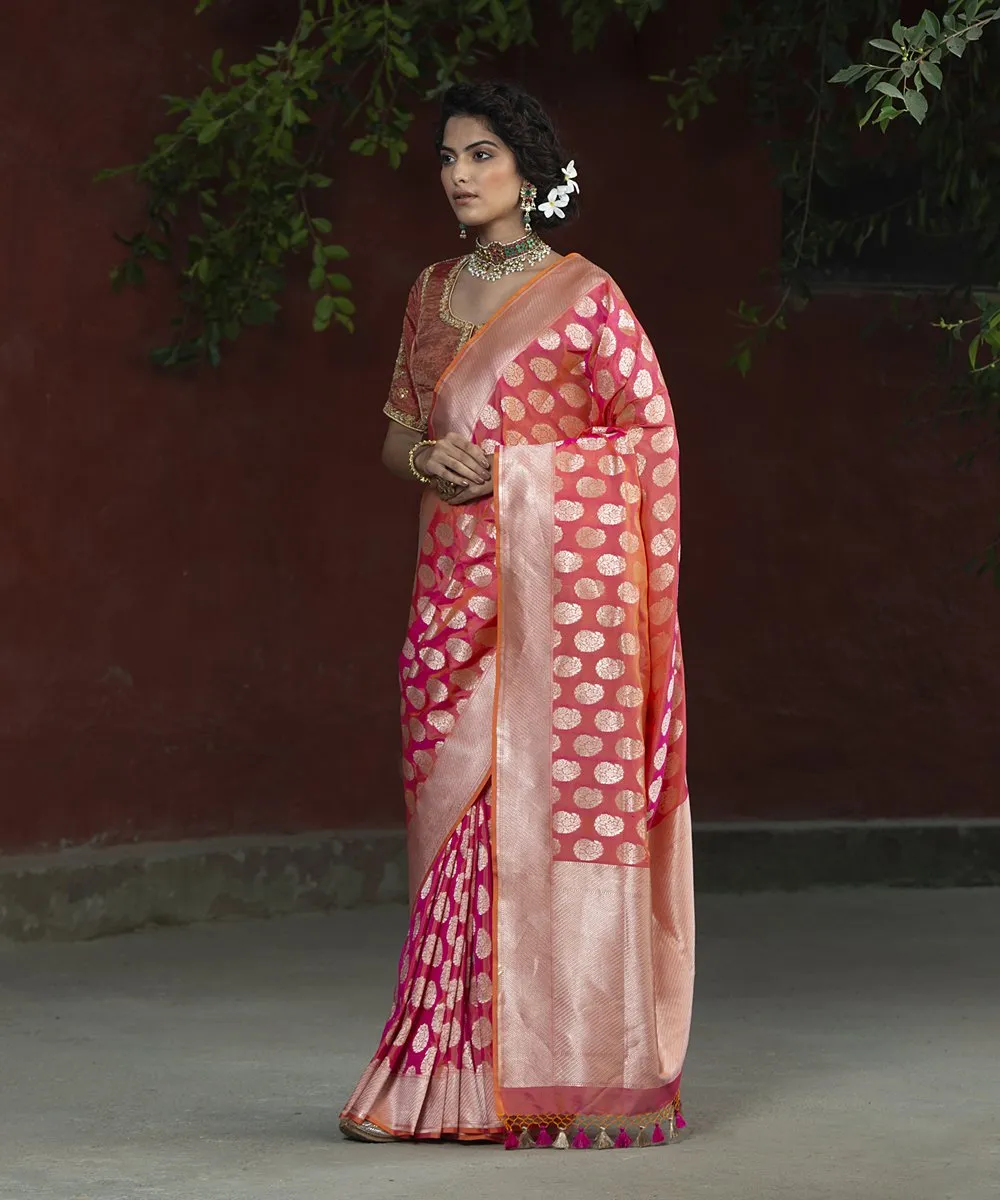 Handloom Peach and Orange Cutwork Katan Silk Banarasi Saree with Booti Design