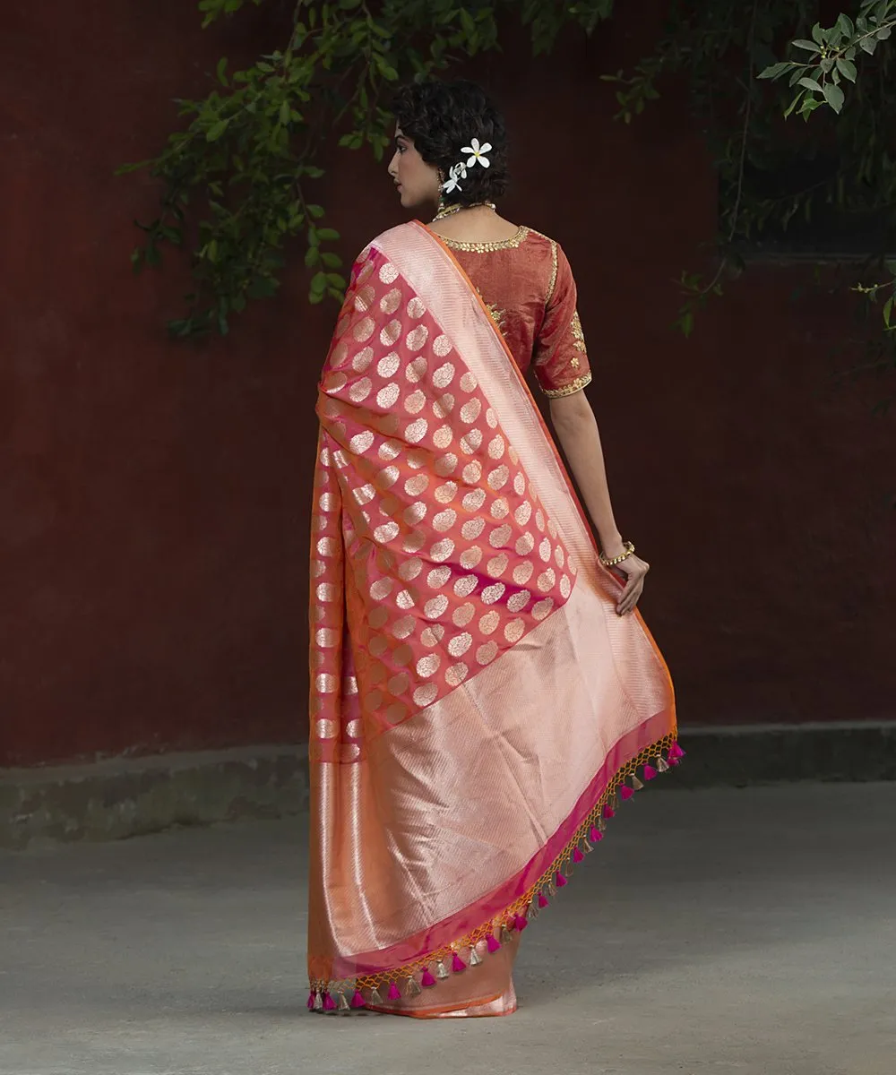 Handloom Peach and Orange Cutwork Katan Silk Banarasi Saree with Booti Design