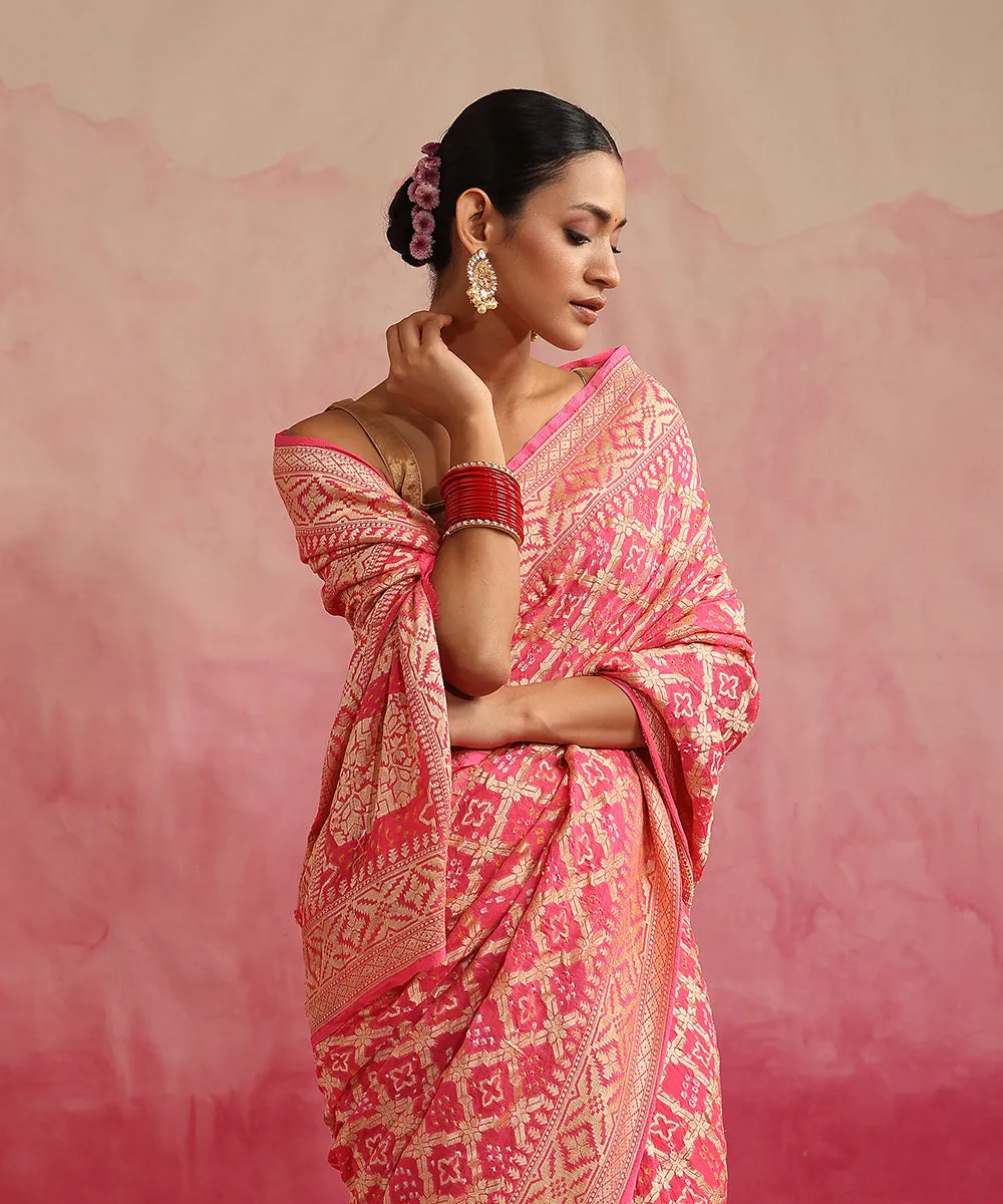 Handloom Pink Pure Georgette Banarasi Bandhej Saree With Zari Jaal