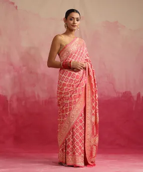 Handloom Pink Pure Georgette Banarasi Bandhej Saree With Zari Jaal