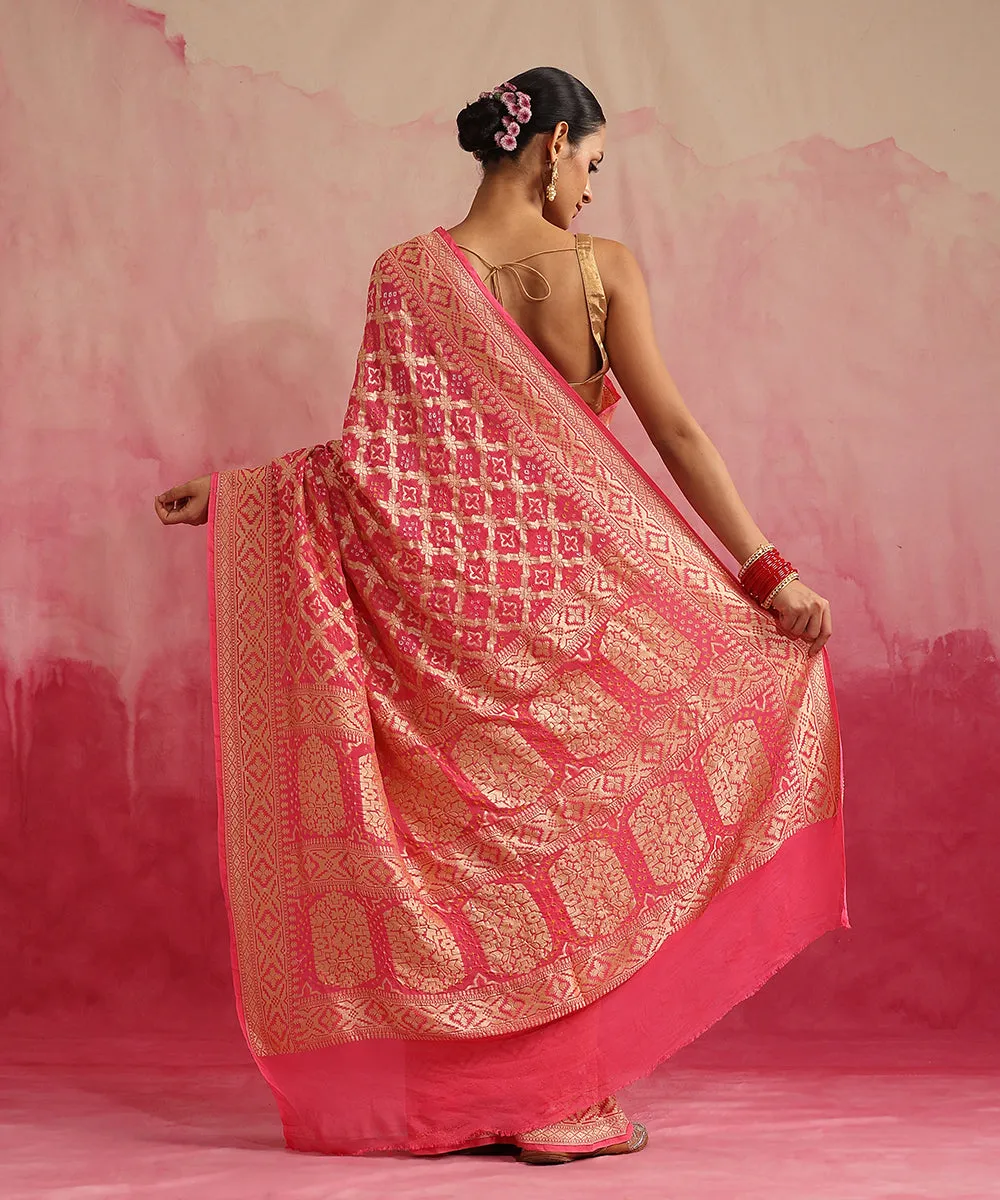 Handloom Pink Pure Georgette Banarasi Bandhej Saree With Zari Jaal