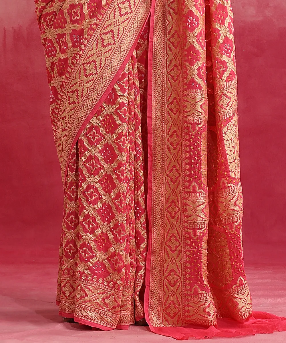 Handloom Pink Pure Georgette Banarasi Bandhej Saree With Zari Jaal