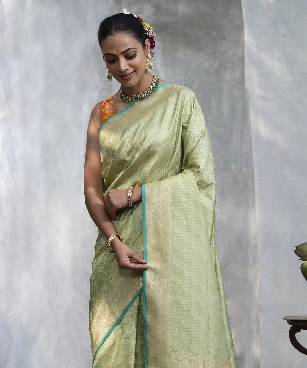 Handloom Pista Green With Embossed Weave Pure Katan Silk Banarasi Saree