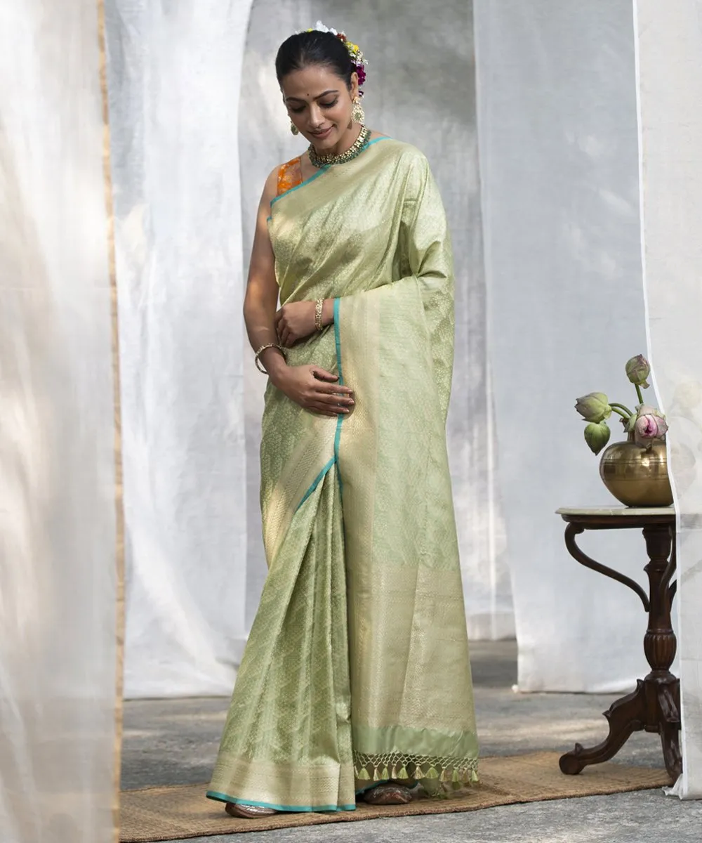 Handloom Pista Green With Embossed Weave Pure Katan Silk Banarasi Saree